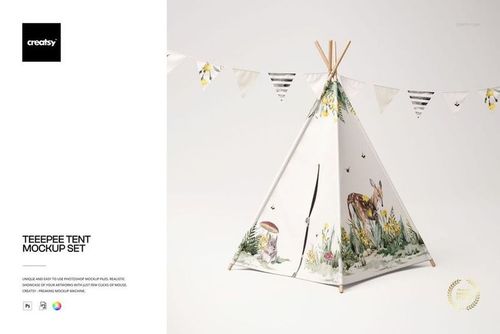 Front and angled view of a teepee tent mockup featuring nature-themed artwork, exposed wooden poles, and decorative bunting.