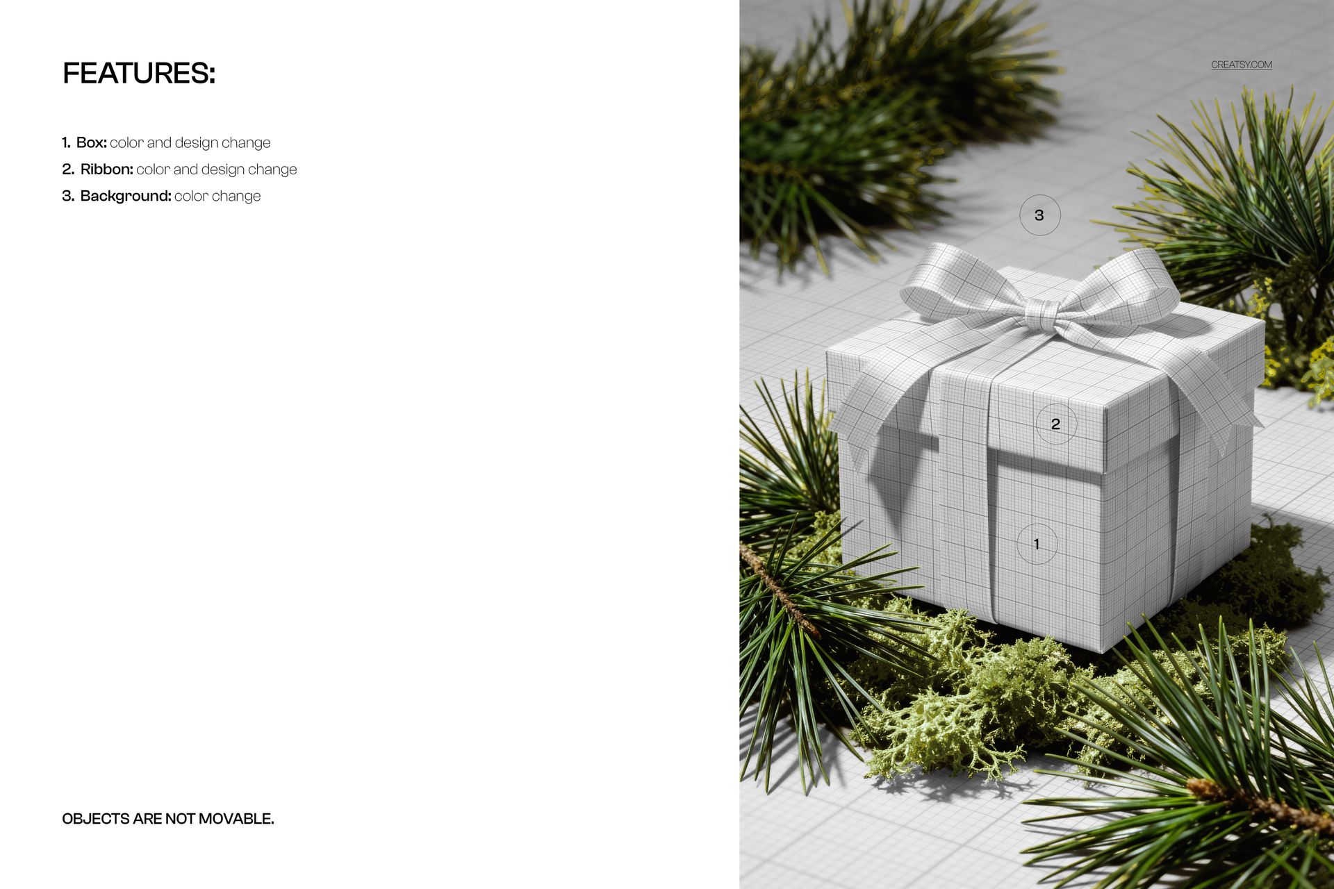 Square gift box with a white ribbon, featuring a grid pattern, surrounded by green conifer branches and moss, front view mockup.