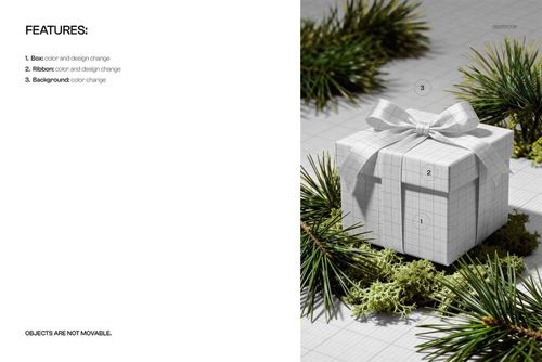 Square gift box with a white ribbon, featuring a grid pattern, surrounded by green conifer branches and moss, front view mockup.