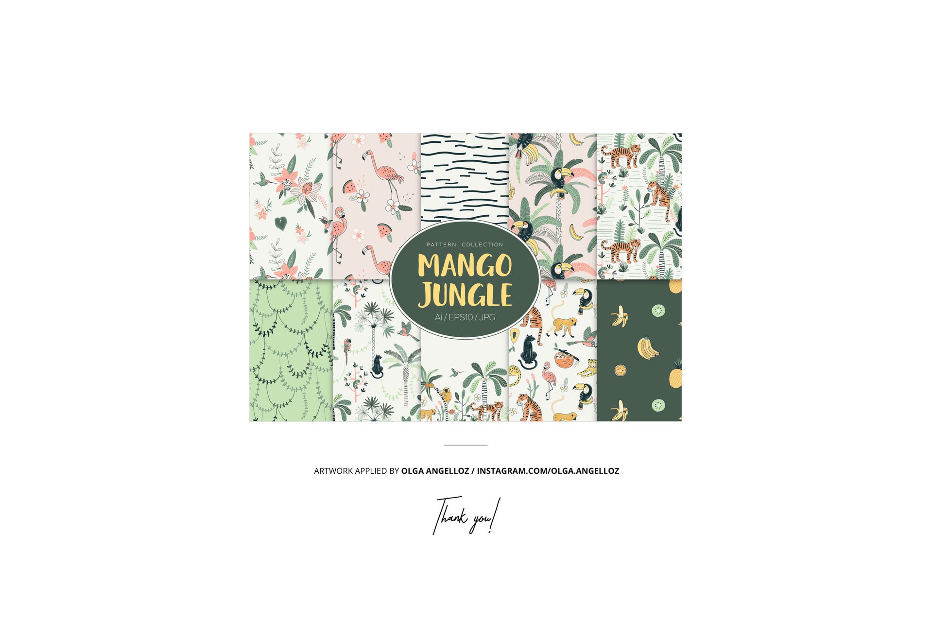 Assorted jungle-inspired designs with monkeys, tigers, trees, and foliage, presented in a grid layout for pattern mockup display.
