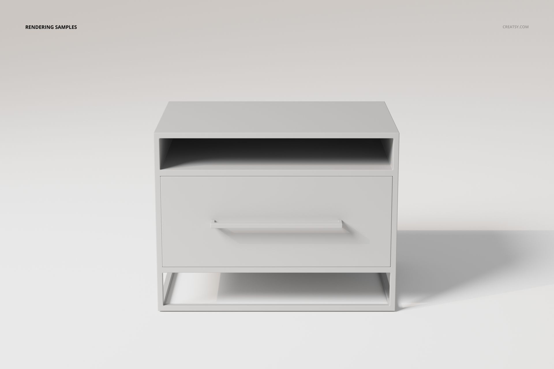 Front view of a modern one drawer bedside table in matte white, featuring an open shelf and minimalist handle.