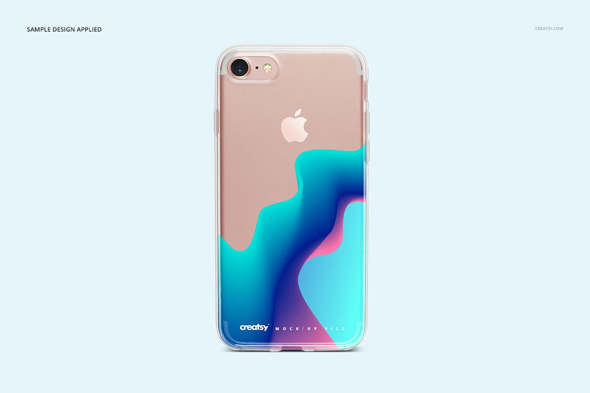 iPhone 7 clear case mockup featuring a colorful abstract pattern in blue and pink, displayed from rear view.