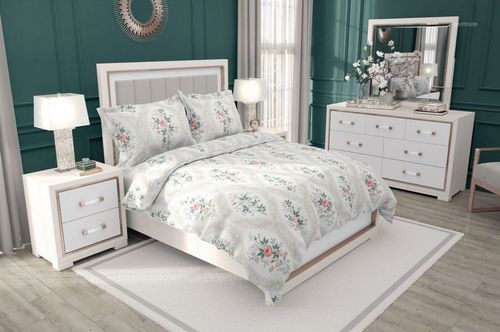 Front view of a bedding mockup set with flanged pillows and floral design, styled in an elegant bedroom interior.