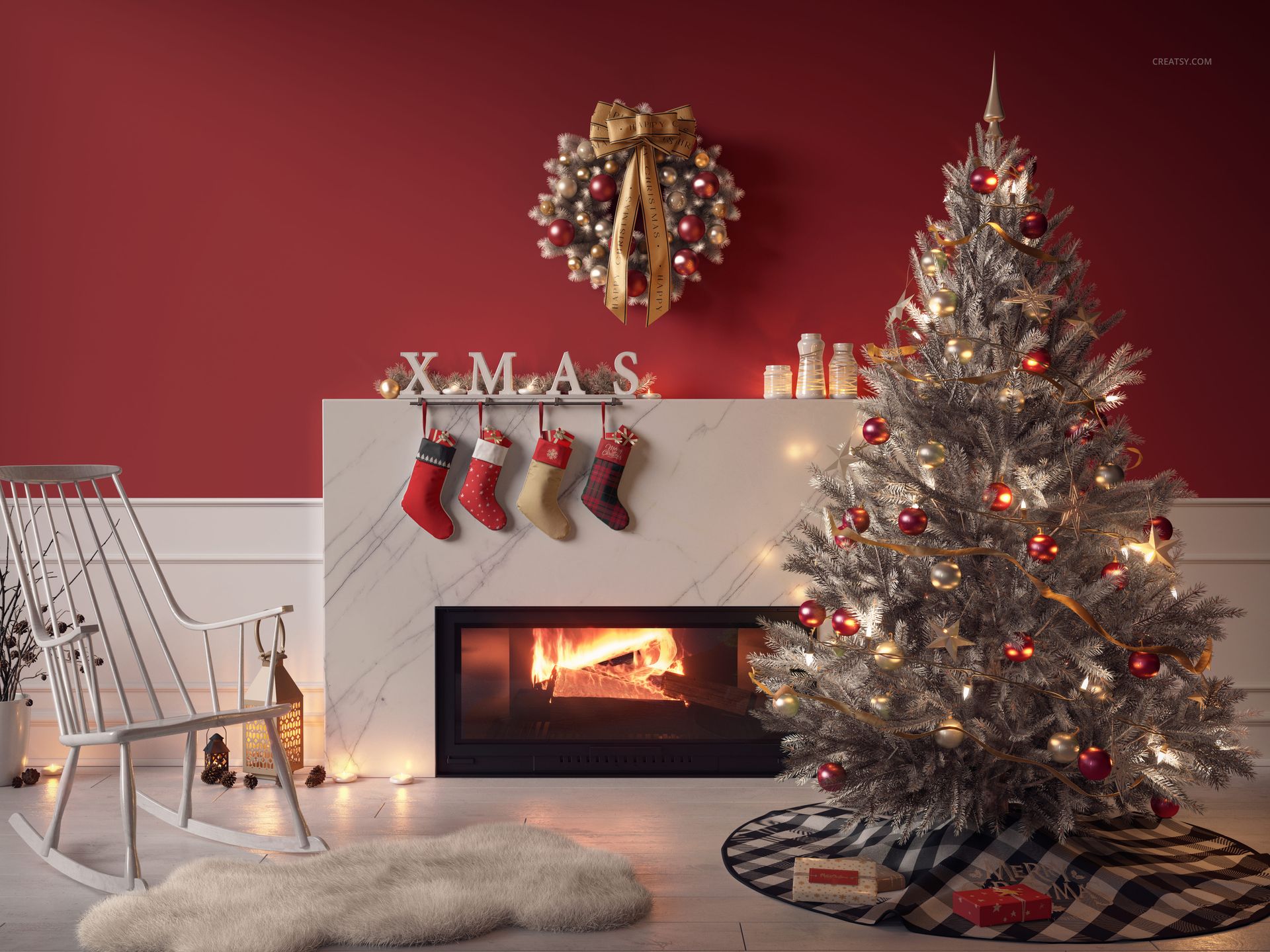 Front view of a festive living room with a decorated Christmas tree, round tree skirt, fireplace, and stockings.
