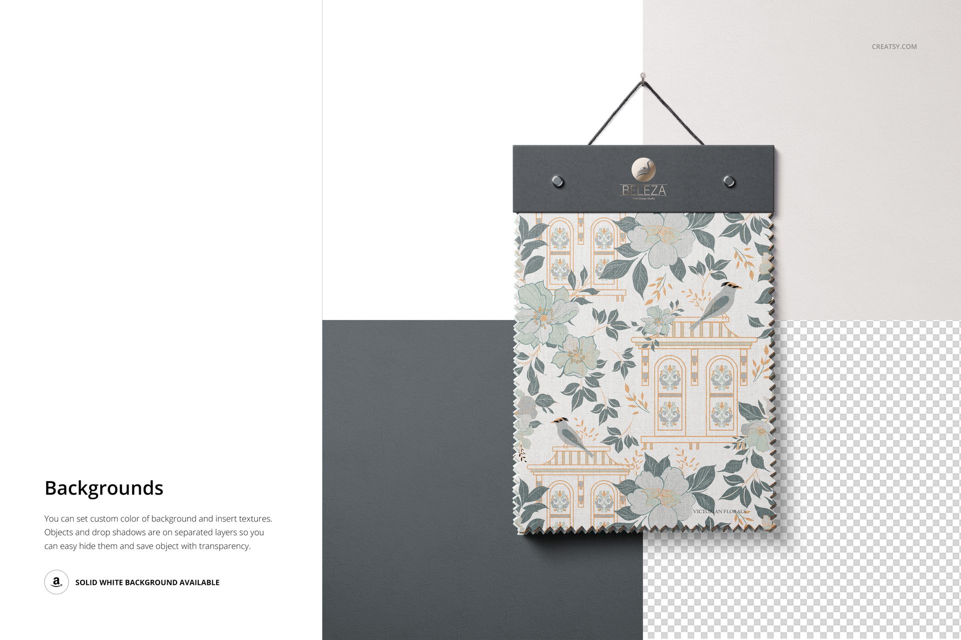 Fabric swatch mockup displayed from a front view, featuring a floral and architectural pattern on a neutral background.