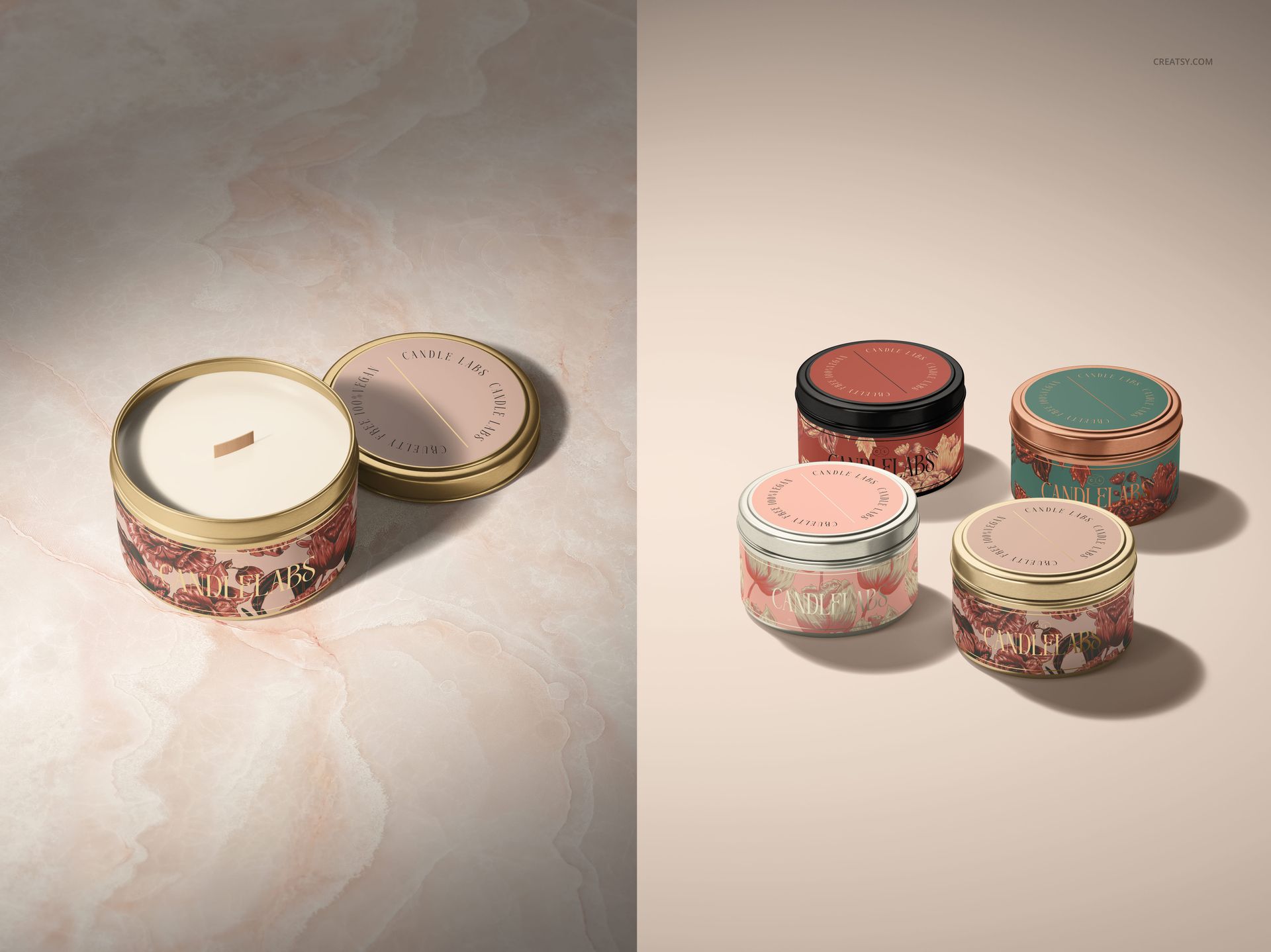 Candle tin PSD mockup set featuring multiple tins in various colors and one open tin revealing a wooden wick.