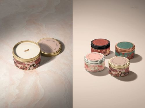 Candle tin PSD mockup set featuring multiple tins in various colors and one open tin revealing a wooden wick.