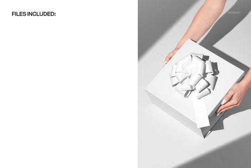 Square magnetic packaging box mockup with white ribbon and tag, held by hands against a minimal light background.