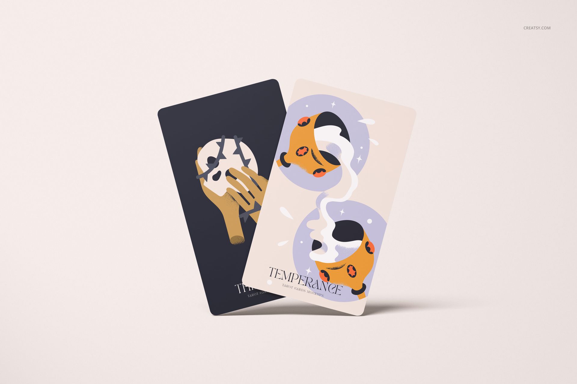 Front view of two tarot cards mockup featuring abstract illustrations, set against a plain light backdrop.