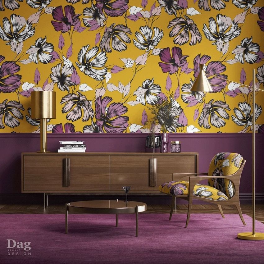 Modern mid-century interior wallpaper mockup featuring bold floral patterns in yellow, purple, and white behind a wooden sideboard.