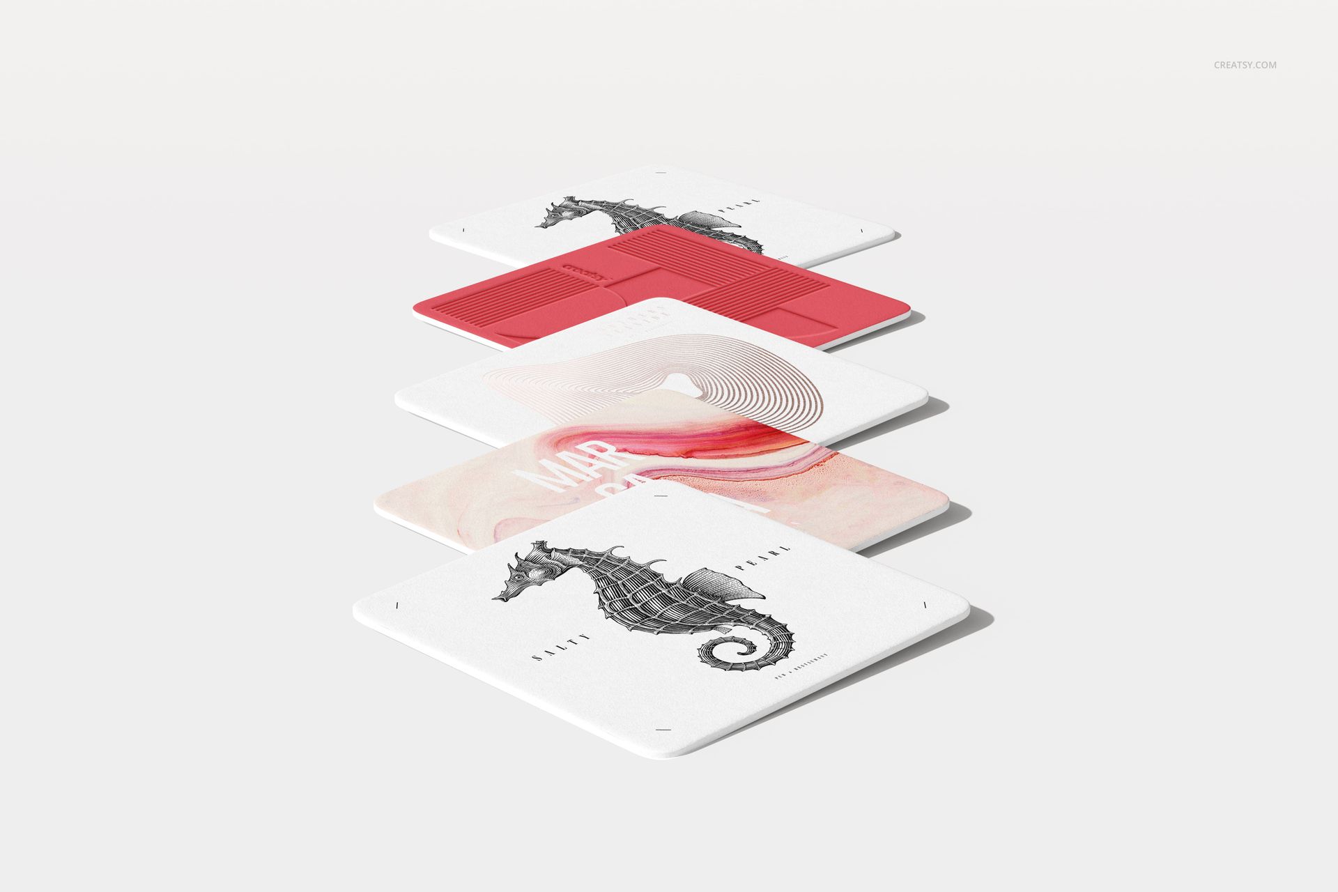 Square coaster mockup set showing multiple coasters with unique illustrations and color schemes in a layered layout.