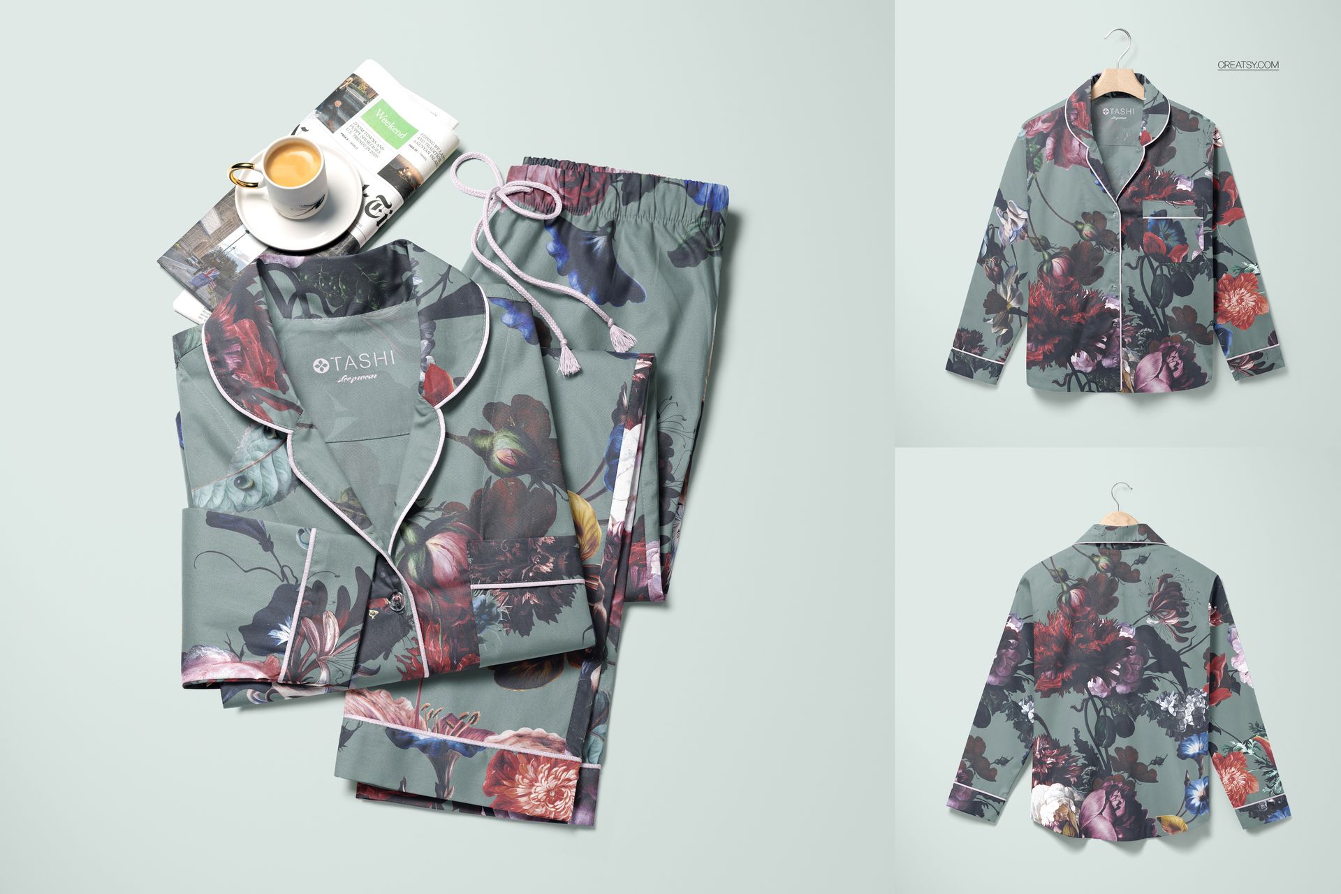 PSD mockup of a long-sleeve pajama set and pants in gray with colorful flowers, presented in multiple perspectives.