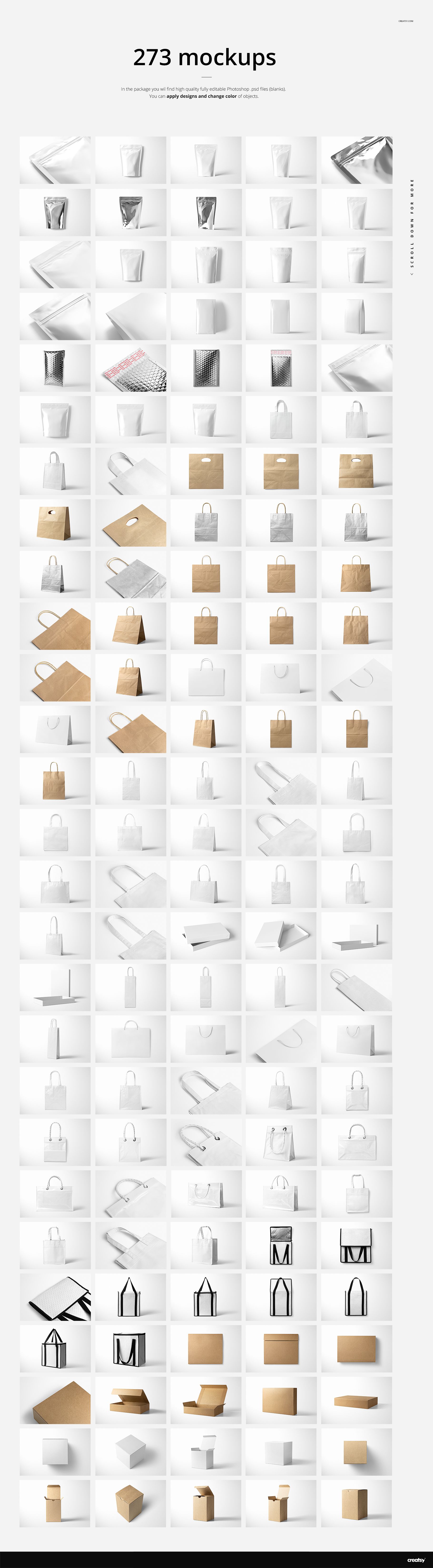 Collection of packaging mockups including boxes, bags, bottles, and envelopes shown in various perspectives on a white background.