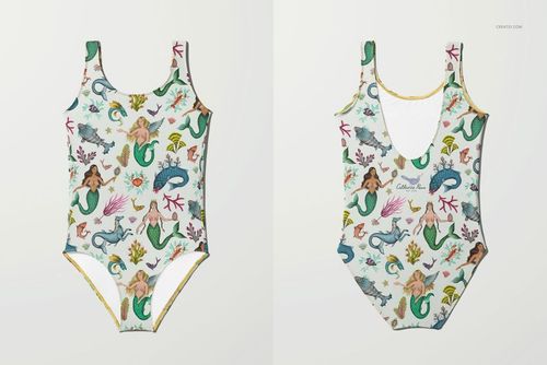 PSD mockup showing a flat-lay of a swimsuit featuring whimsical mermaids, fish, and coral in vibrant tones.