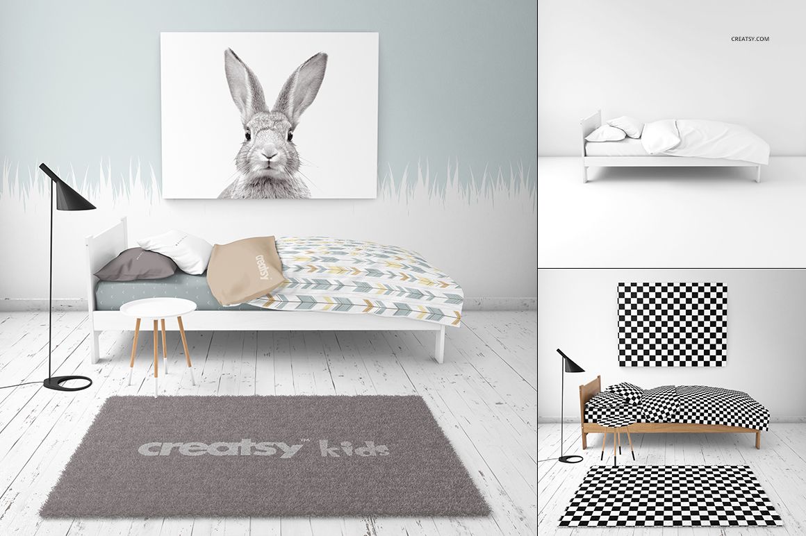 Kids bedroom mockup featuring a bed with patterned bedding, pillows, a large rabbit wall art, and a gray rug on white wooden floor.