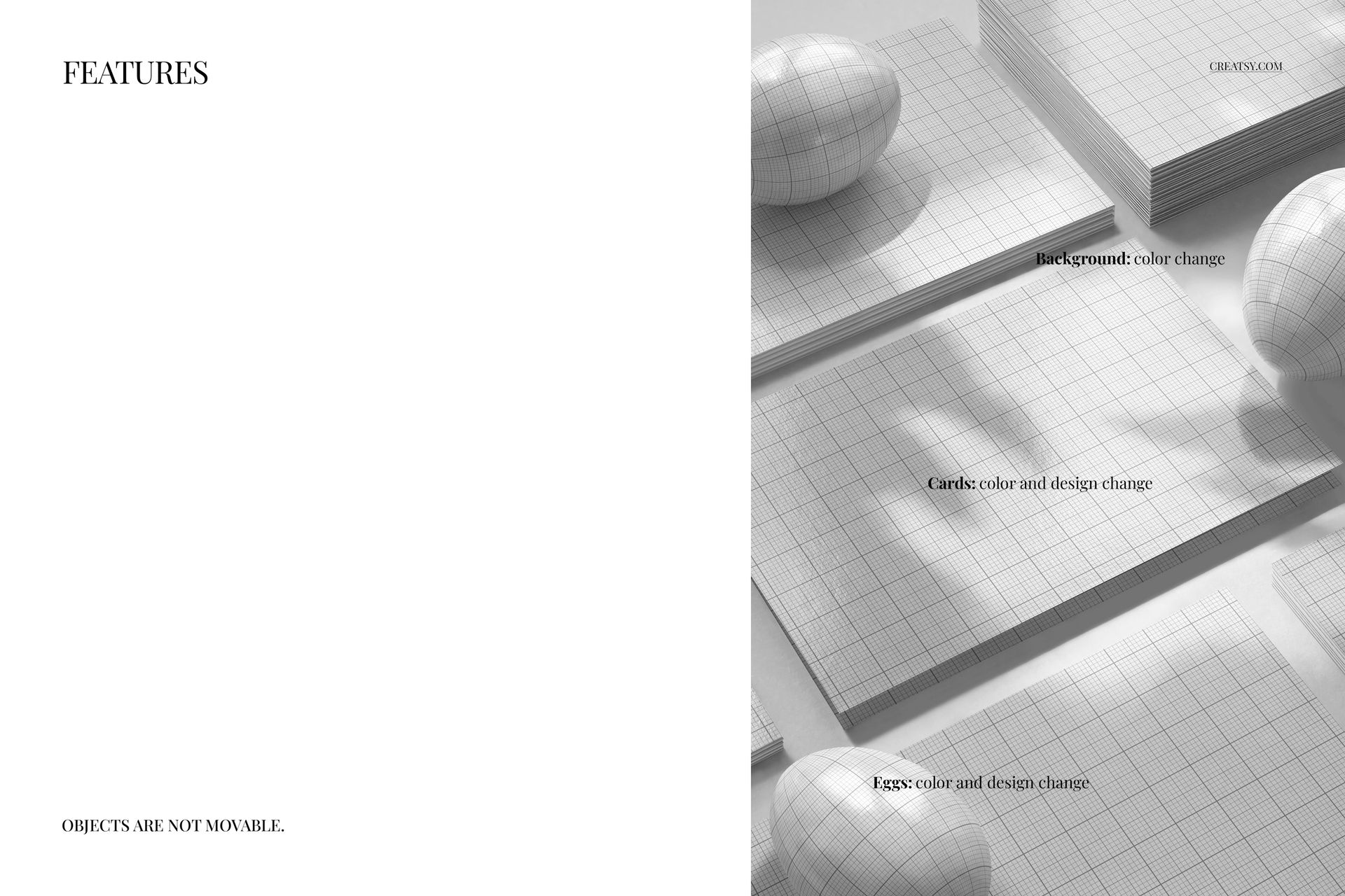 Front view of Easter greeting card mockups and Easter egg mockups with grid patterns, arranged on a flat surface.