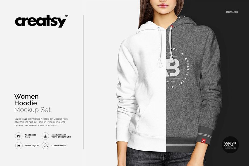 Front view of a women's hoodie mockup split into white and grey melange, worn by a model against a neutral background.