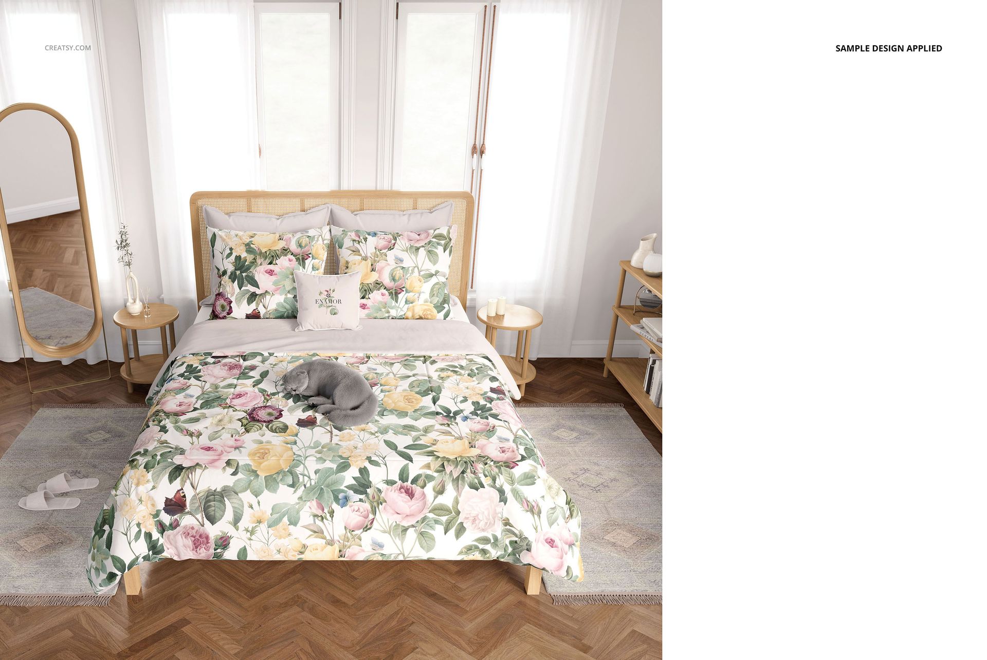 Boho bedroom bedding mockup featuring a floral patterned duvet and pillows on a wooden bed, front view.