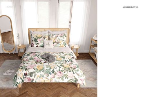 Boho bedroom bedding mockup featuring a floral patterned duvet and pillows on a wooden bed, front view.