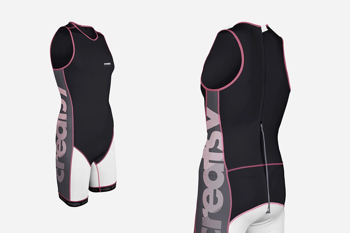 PSD mockup showing a sleeveless trisuit in black and white with pink accents, presented from two angles.