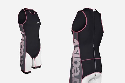 PSD mockup showing a sleeveless trisuit in black and white with pink accents, presented from two angles.