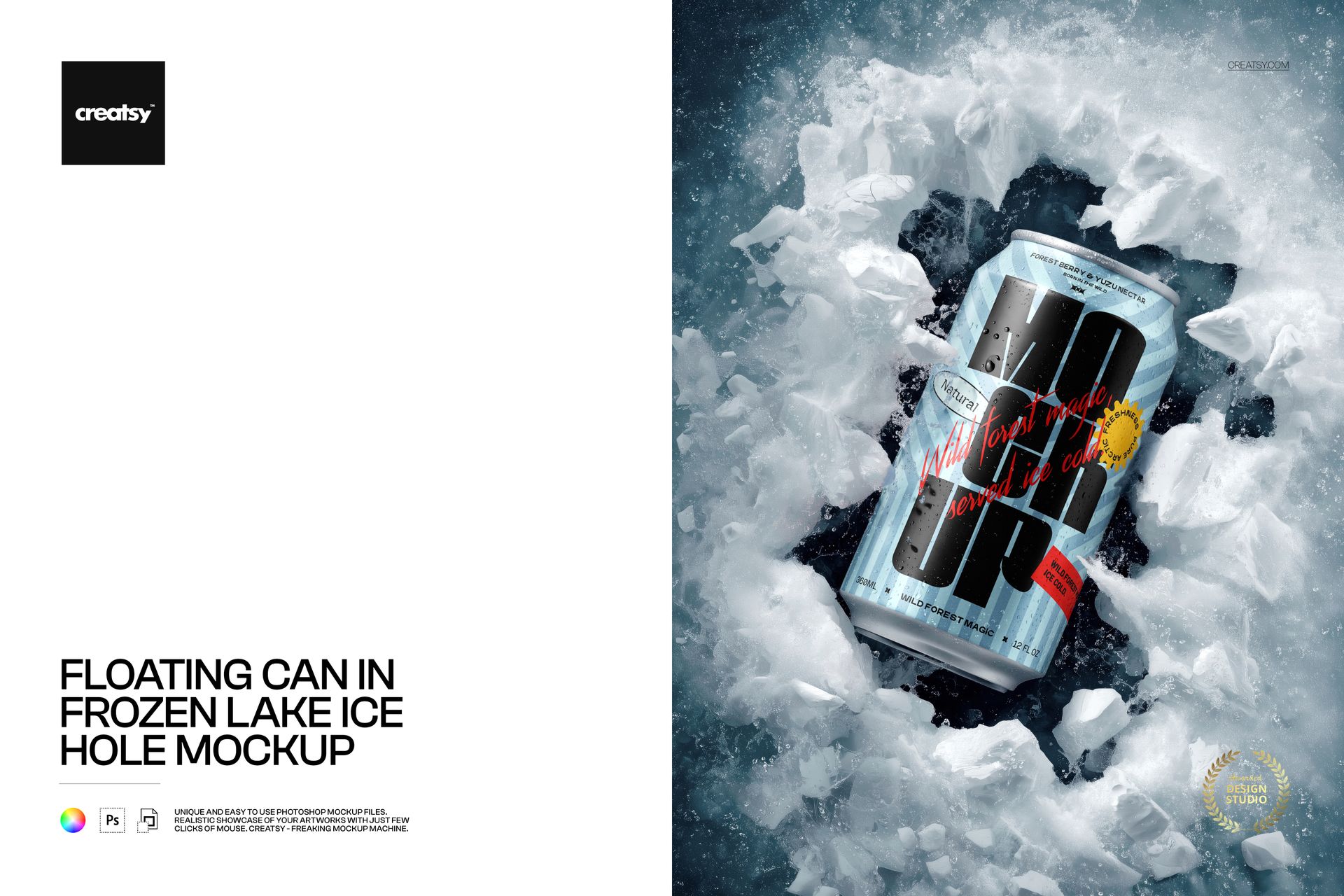 Silver drink can floating upright in a circular ice hole, surrounded by cracked frozen lake surface in a PSD mockup scene.