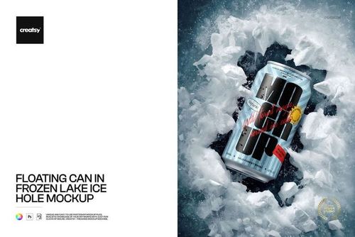 Silver drink can floating upright in a circular ice hole, surrounded by cracked frozen lake surface in a PSD mockup scene.