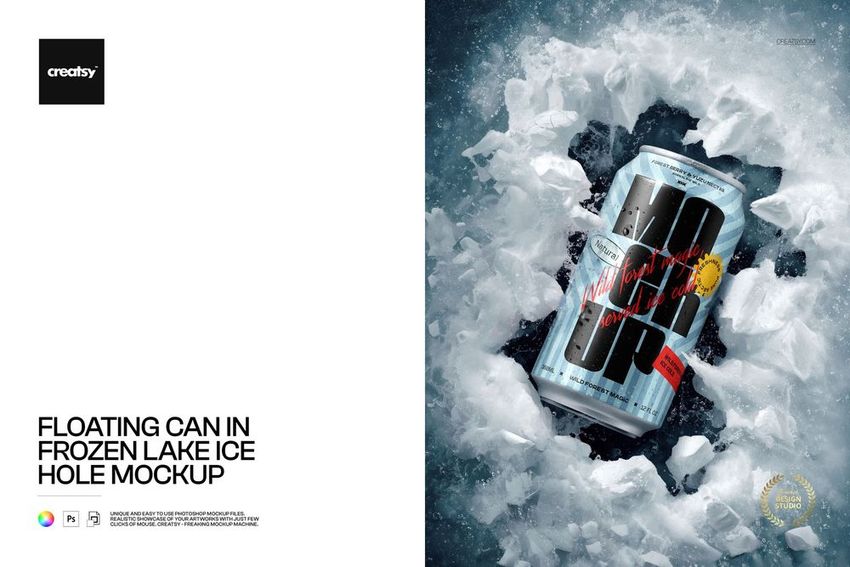 Silver drink can floating upright in a circular ice hole, surrounded by cracked frozen lake surface in a PSD mockup scene.