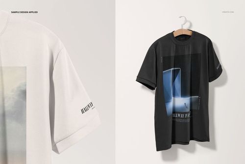 PSD mockup featuring oversized adult t-shirts with artistic prints, presented from the front in a minimal studio setting.