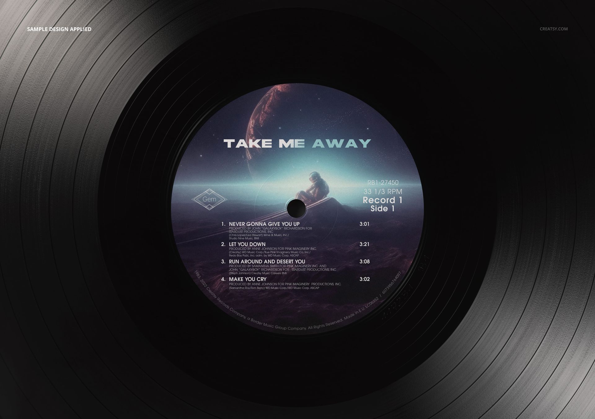 Vintage vinyl record mockup showing a black disc and a colorful central label with song titles and cosmic artwork.