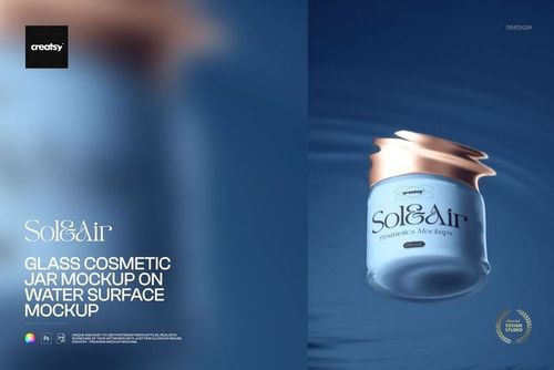 Glass cosmetic jar with metallic lid floating on rippled water surface, shown in a realistic PSD mockup scene.
