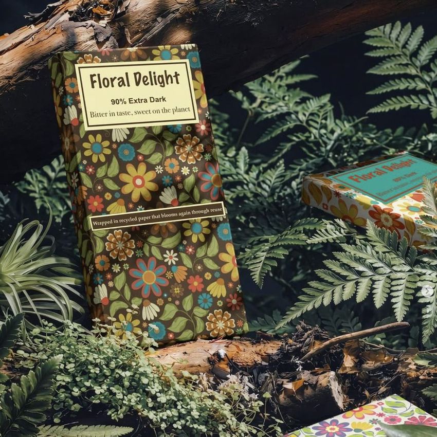 Chocolate box mockup with colorful floral pattern displayed upright on a forest floor surrounded by green ferns and moss.
