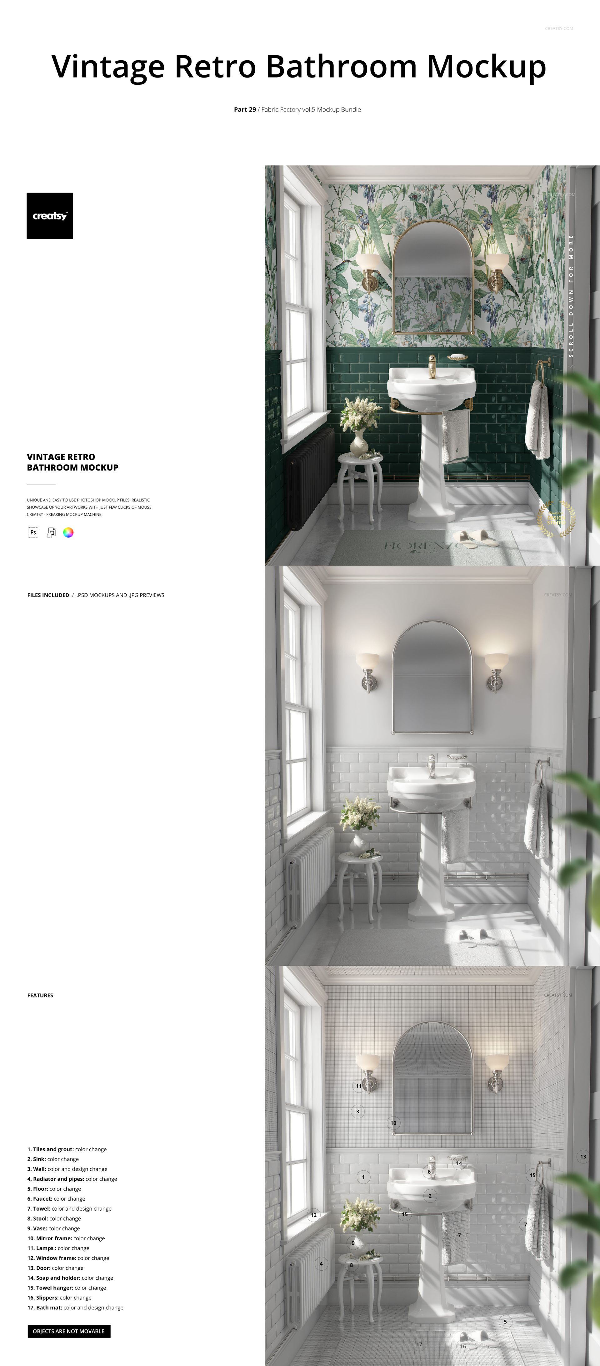 Front view of a vintage retro bathroom mockup with pedestal sink, arched mirror, and floral wallpaper design.