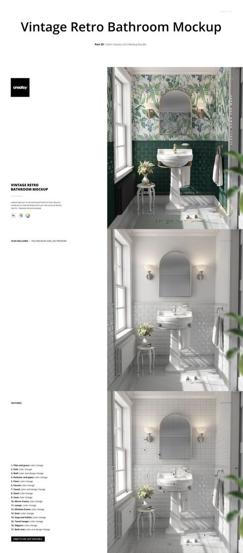 Front view of a vintage retro bathroom mockup with pedestal sink, arched mirror, and floral wallpaper design.