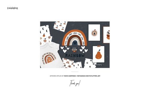 Front view of wooden poster hanger mockup set displaying various prints with playful orange and black designs.