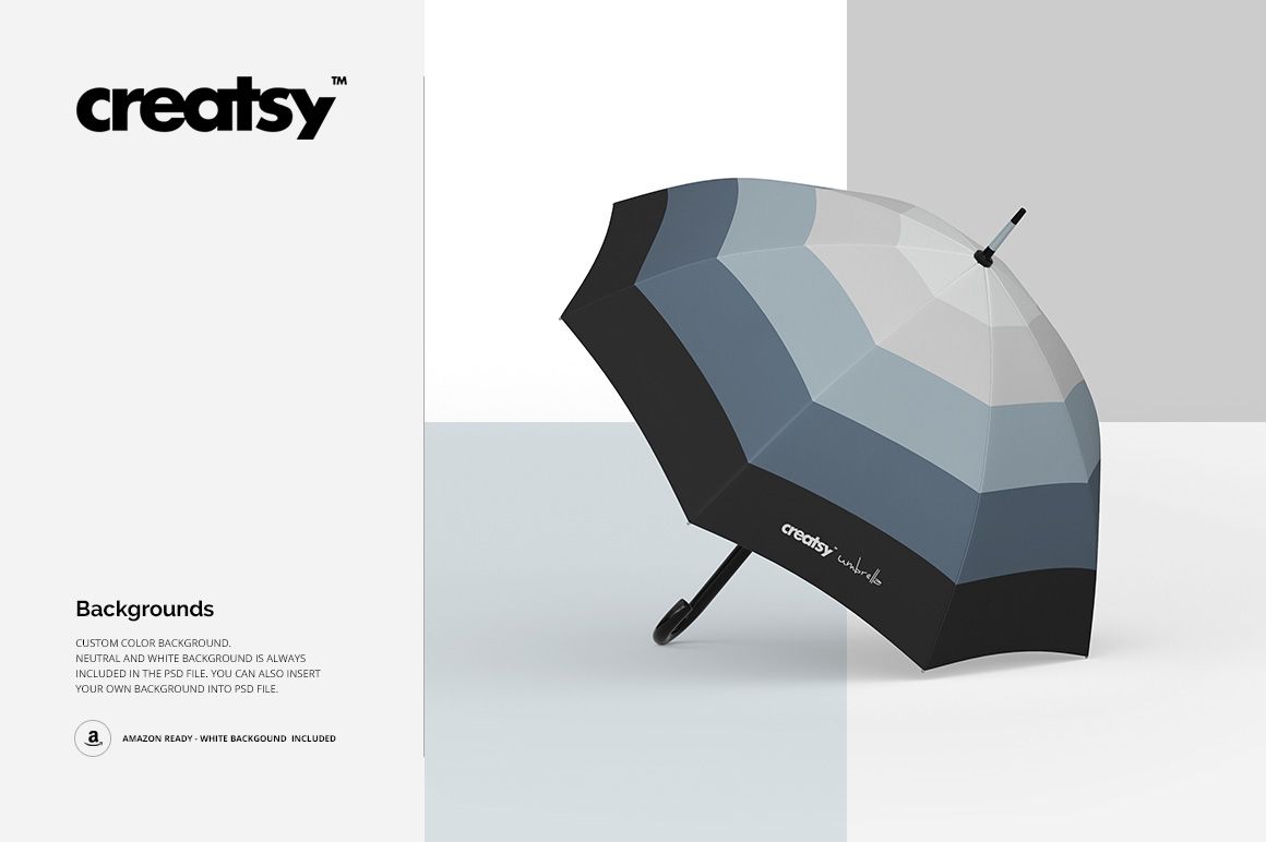 Umbrella mockup featuring alternating gray, blue, and black segments, shown at an angle on a plain white surface.