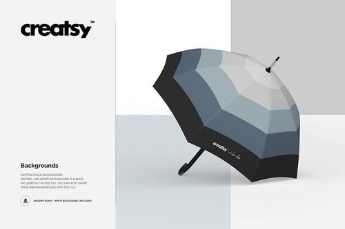 Umbrella mockup featuring alternating gray, blue, and black segments, shown at an angle on a plain white surface.