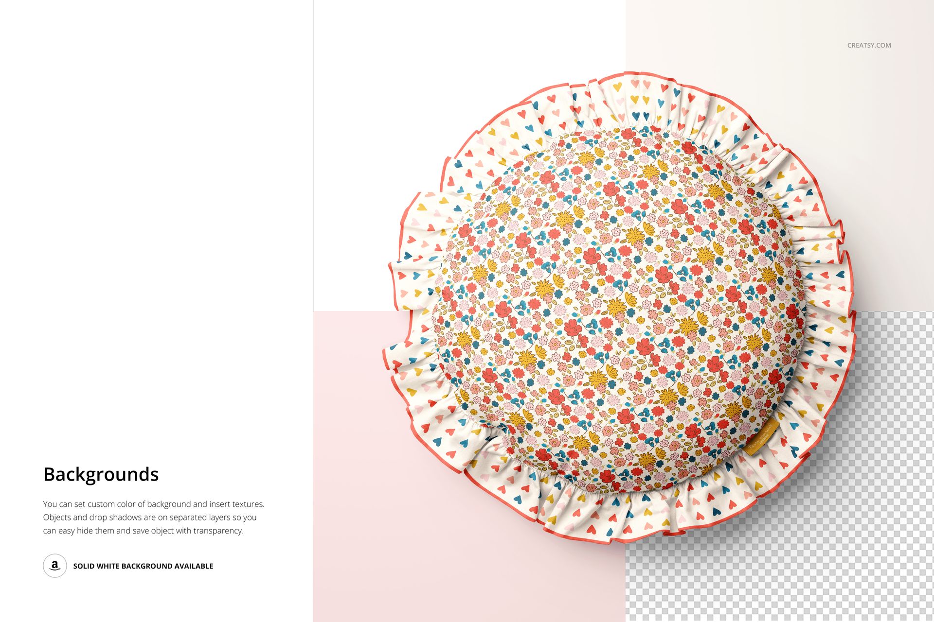 Top view of a circular pillow with ruffled edges, featuring multicolored flowers and triangles on a PSD mockup.