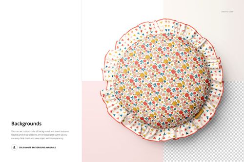 Top view of a circular pillow with ruffled edges, featuring multicolored flowers and triangles on a PSD mockup.