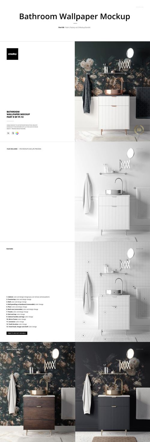 Bathroom wallpaper mockup featuring floral patterned wall, modern vanity with sink, round mirror, and decorative props.