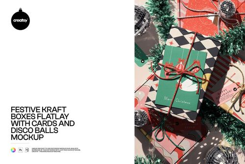 Festive Kraft Boxes Flatlay with Cards and Disco Balls Mockup - mockup preview 1