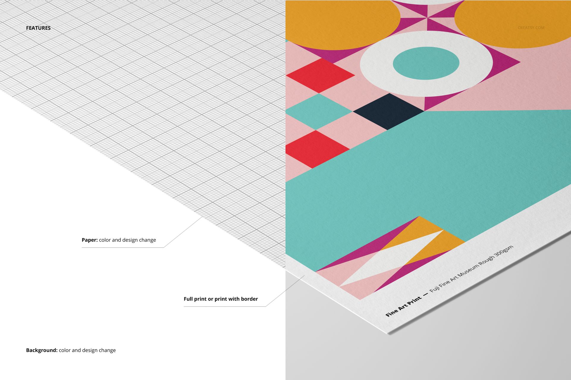 Close-up view of a giclée fine art print mockup showing a colorful geometric design on textured paper.