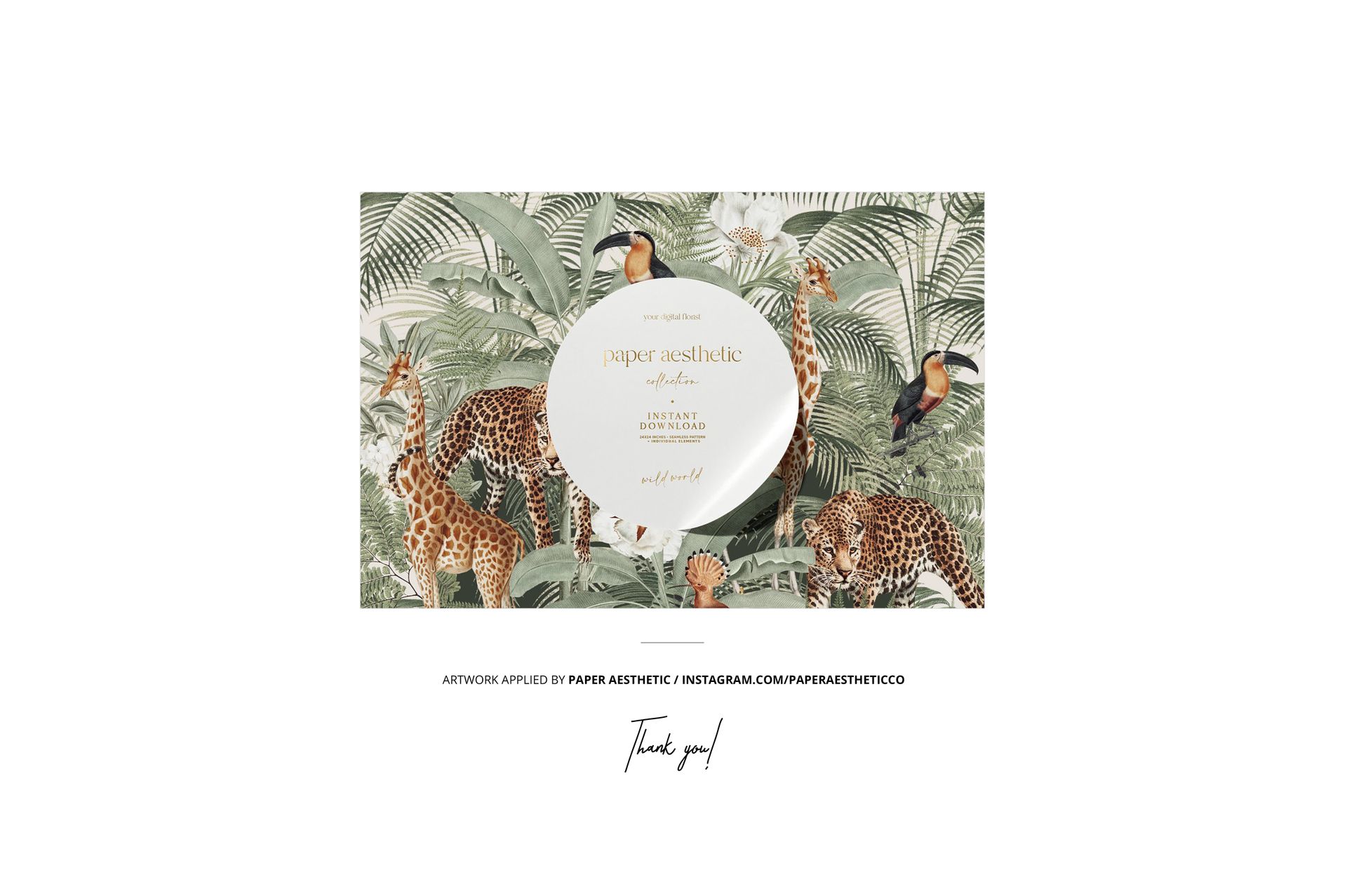 Front view of a paper coffee bag mockup with a round label, featuring a jungle pattern with leopards and toucans.