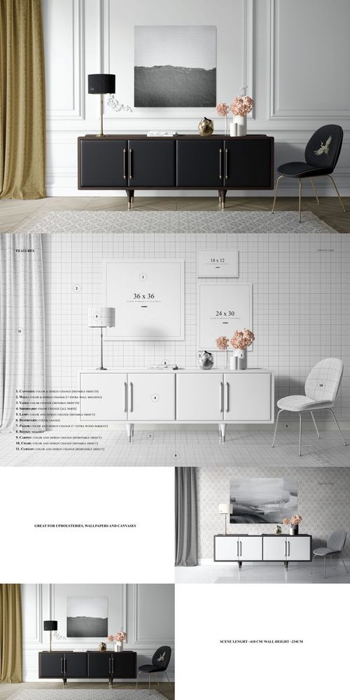 Modern living room scene with a black sideboard, decorative objects, and a canvas print mockup on the wall.