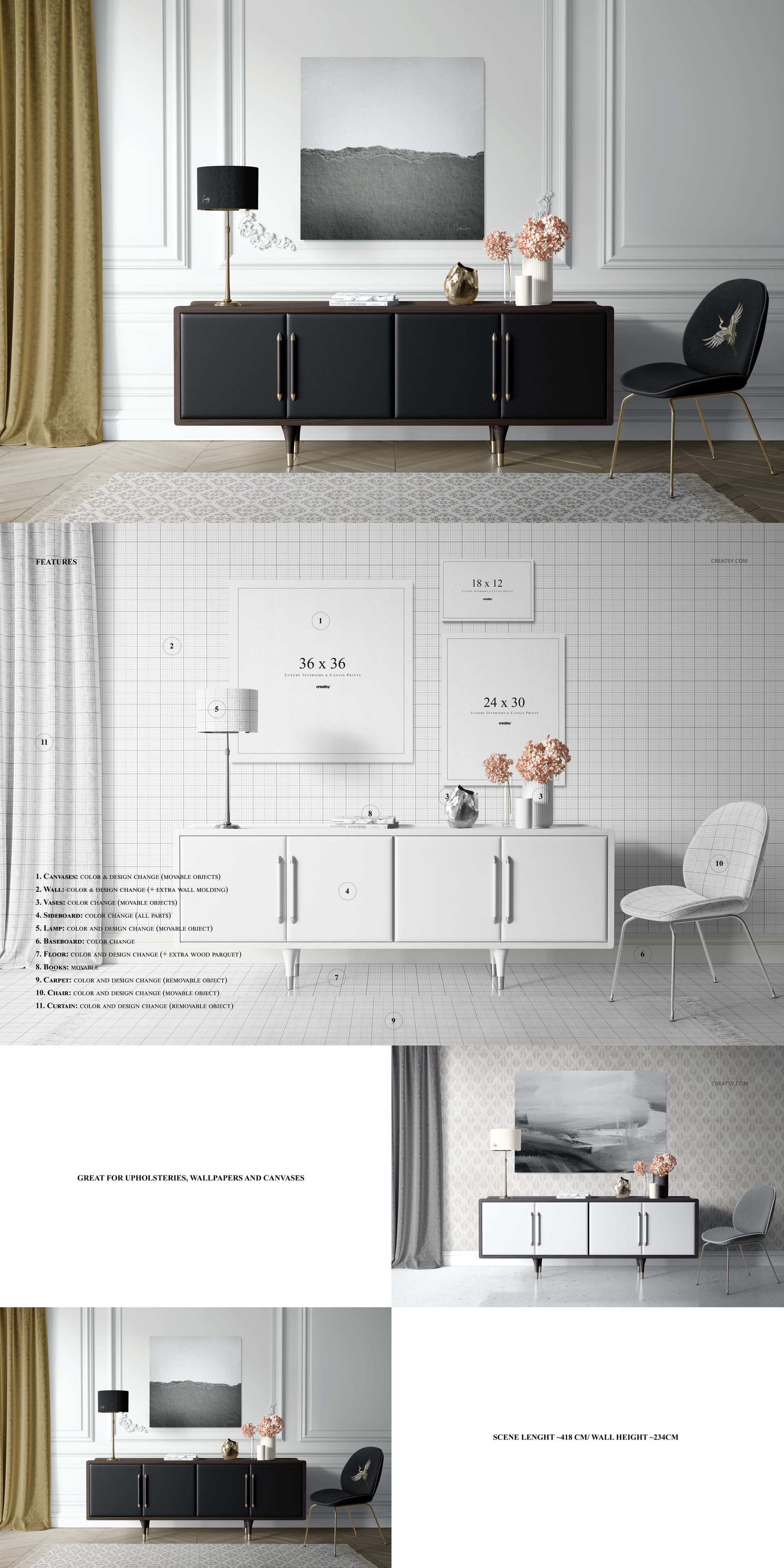 Modern living room scene with a black sideboard, decorative objects, and a canvas print mockup on the wall.