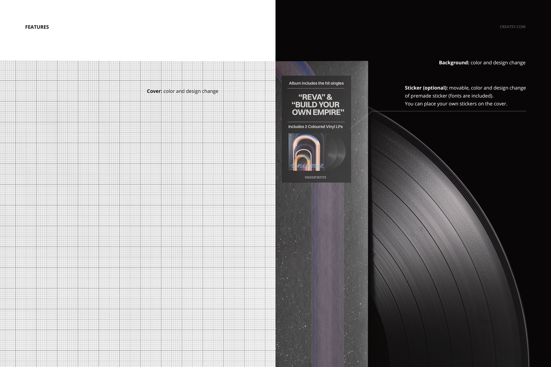 Close-up view of a black vinyl record partially visible on the right, with a grid-patterned cover mockup on the left.