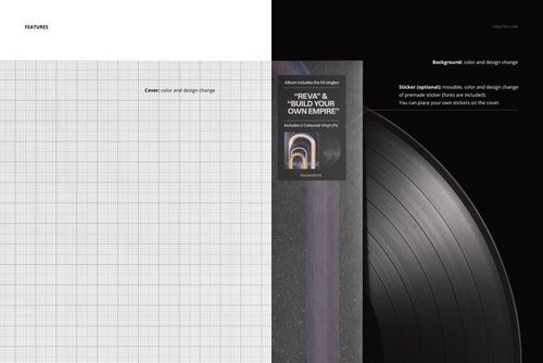 Close-up view of a black vinyl record partially visible on the right, with a grid-patterned cover mockup on the left.