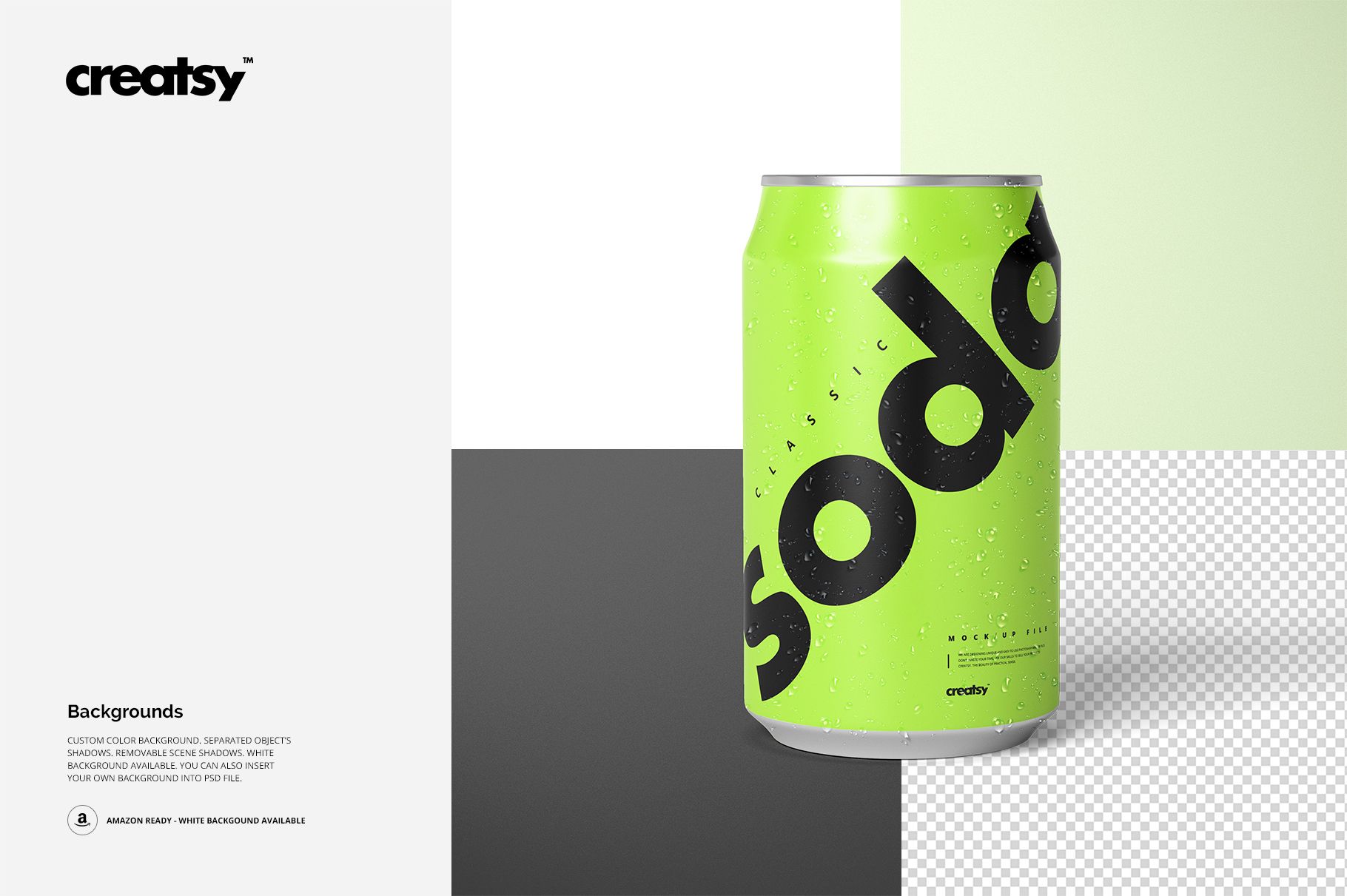 Aluminum can mockup with a bold green label and large black text, shown from the front on a split color background.