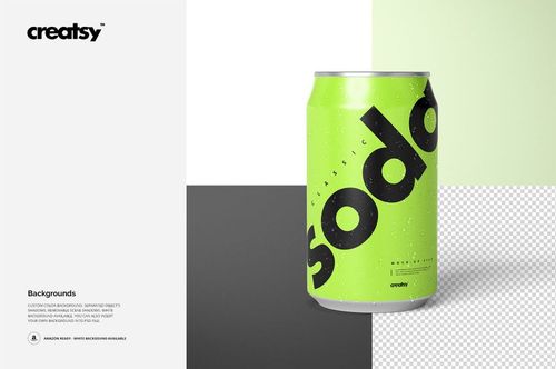 Aluminum can mockup with a bold green label and large black text, shown from the front on a split color background.