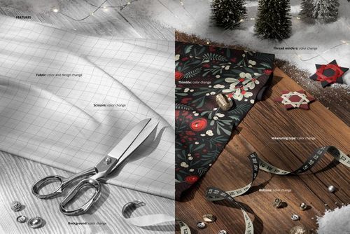 PSD mockup showing jersey fabric with grid lines, scissors, and holiday-themed fabric on a wooden table with winter props.
